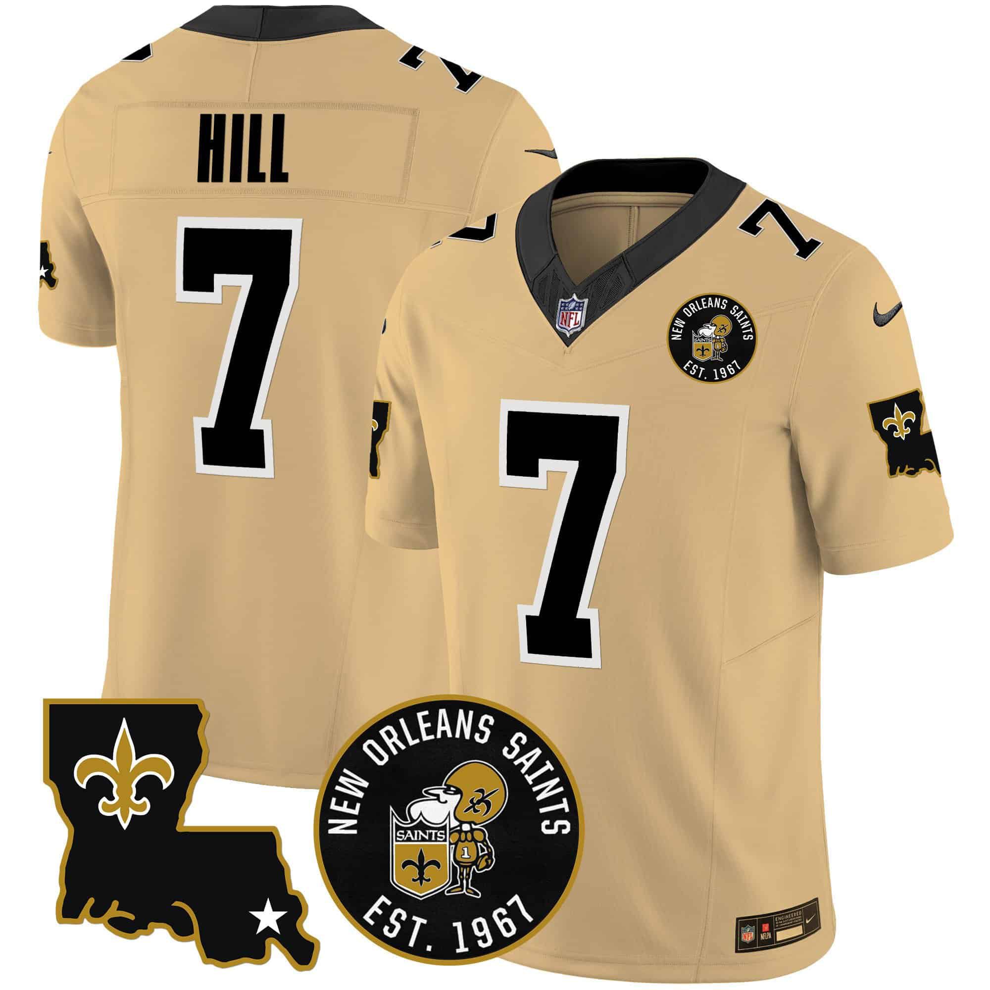 Men New Orleans Saints 7 Hill Yellow 2024 Nike 1967 Patch Vapor Limited NFL Jersey